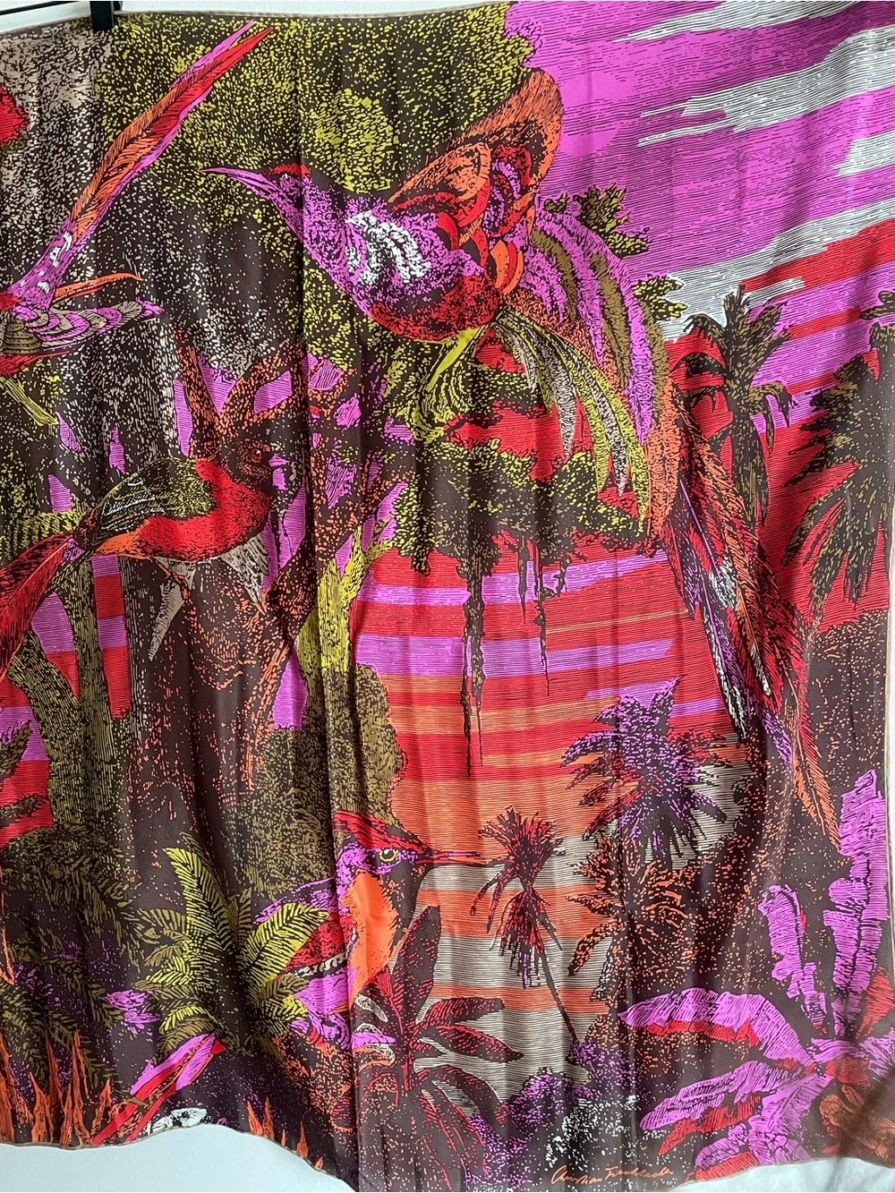 Vintage Christian Fischbacher large silk scarf tropical jungle birds 37 x 33